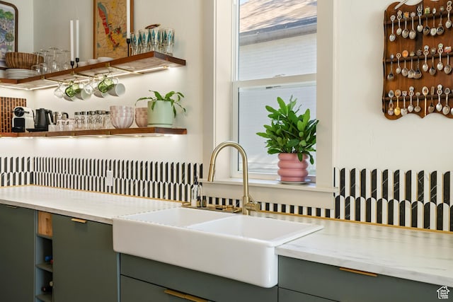 922 S 400 E, Salt Lake City, UT 84111 - detailed view of open shelves, green cabinets, and gray cabinetry