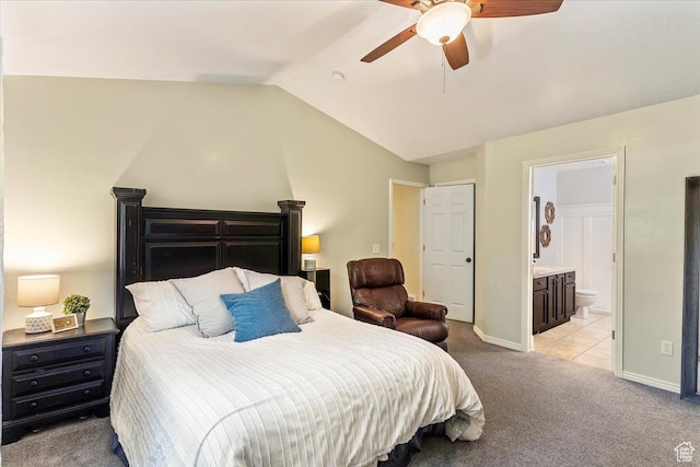 883 E 1775 N, North Ogden, UT 84414 - bedroom featuring light colored carpet, vaulted ceiling, ensuite bathroom, and a ceiling fan