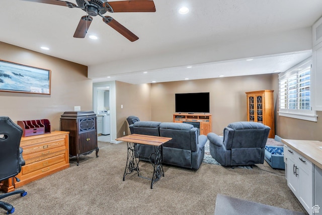 2541 S 1400 W, Woods Cross, UT 84087 - living room featuring light colored carpet, recessed lighting, and ceiling fan