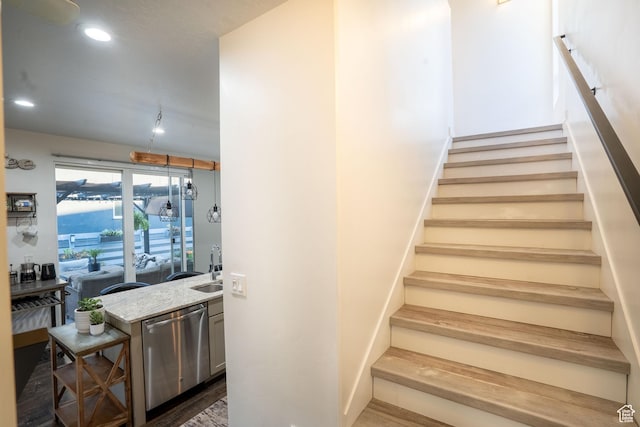 4759 W Vermillion Dr, South Jordan, UT 84009 - stairway with wood finished floors and recessed lighting