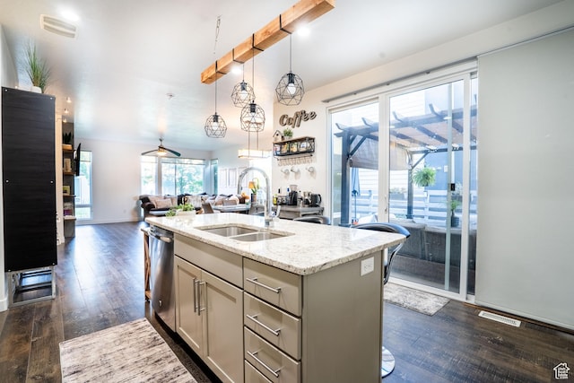 4759 W Vermillion Dr, South Jordan, UT 84009 - kitchen with dishwasher, gray cabinets, open floor plan, dark wood finished floors, and light stone countertops