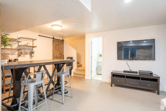 4759 W Vermillion Dr, South Jordan, UT 84009 - bar area featuring a barn door, concrete flooring, and stairs