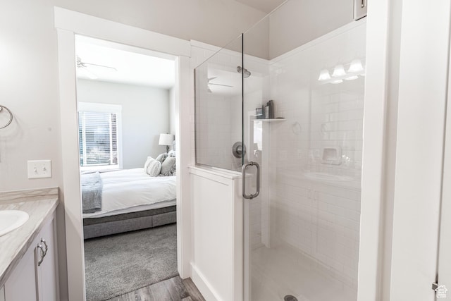 16 N 1000 E, Hyde Park, UT 84318 - ensuite bathroom with vanity, a shower stall, and wood finished floors