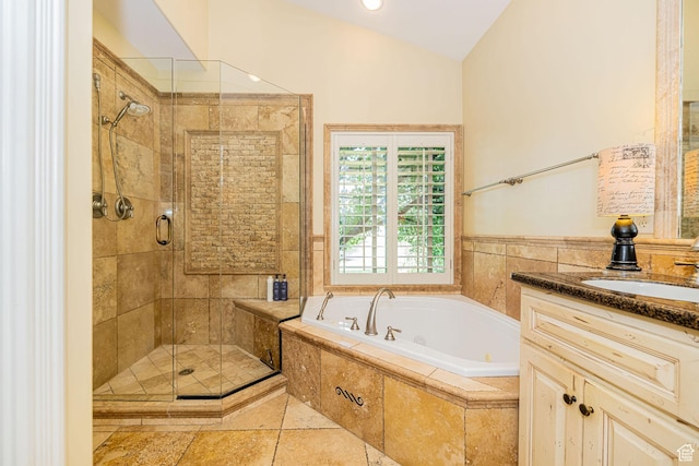 2989 W 2600 S, West Haven, UT 84401 - full bath with a whirlpool tub, a shower stall, vaulted ceiling, vanity, and recessed lighting