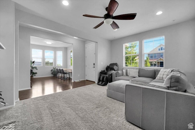 4439 W Mille Lacs Dr, South Jordan, UT 84009 - living room featuring carpet, ceiling fan, recessed lighting, plenty of natural light, and wood finished floors