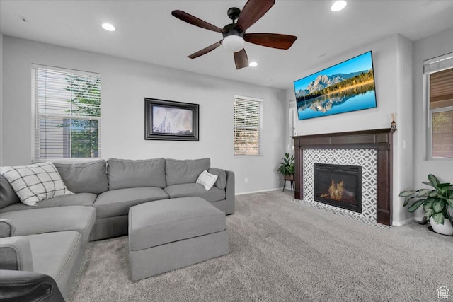 4439 W Mille Lacs Dr, South Jordan, UT 84009 - living room featuring ceiling fan, carpet flooring, recessed lighting, a tiled fireplace, and plenty of natural light