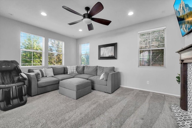 4439 W Mille Lacs Dr, South Jordan, UT 84009 - living area with recessed lighting, carpet floors, and ceiling fan