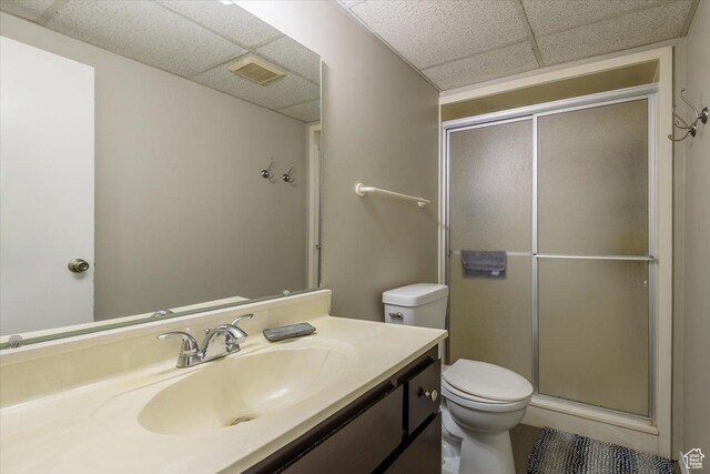 4879 S 1690 E, Holladay, UT 84117 - bathroom with a drop ceiling, a stall shower, and vanity