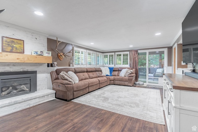 2582 Jacqueline Dr E, Ogden, UT 84403 - living area featuring ornamental molding, wood finished floors, a fireplace, healthy amount of natural light, and recessed lighting