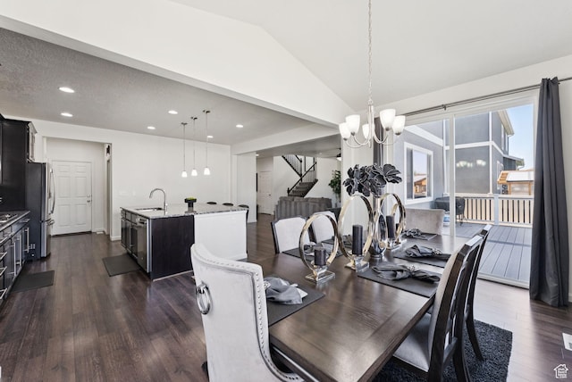 5488 W Tower Arch Ln, Herriman, UT 84096 - dining room featuring stairs, dark wood-type flooring, lofted ceiling, recessed lighting, and a chandelier