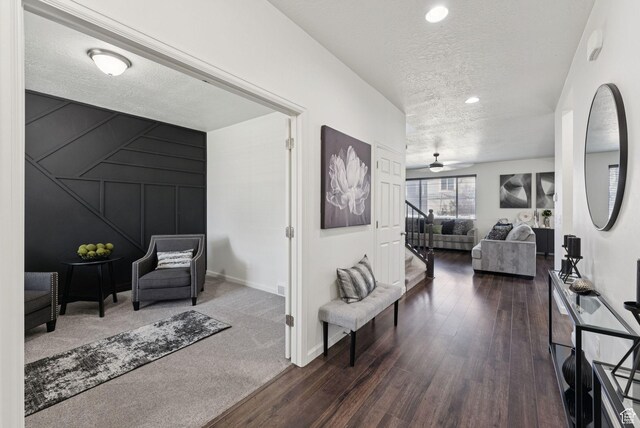 5488 W Tower Arch Ln, Herriman, UT 84096 - hall with a textured ceiling, dark wood-style floors, and recessed lighting