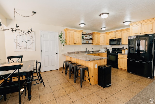 496 S 3rd E, Preston, ID 83263 - kitchen with black appliances, light brown cabinetry, open shelves, a peninsula, and light tile patterned floors