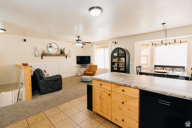 496 S 3rd E, Preston, ID 83263 - kitchen with light colored carpet, dishwasher, light countertops, and ceiling fan