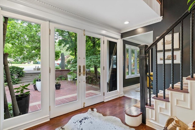 1074 E Raymond Rd, Fruit Heights, UT 84037 - entryway with french doors, wood finished floors, crown molding, and stairs