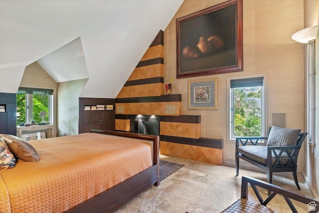 1074 E Raymond Rd, Fruit Heights, UT 84037 - bedroom featuring vaulted ceiling and stone finish floors