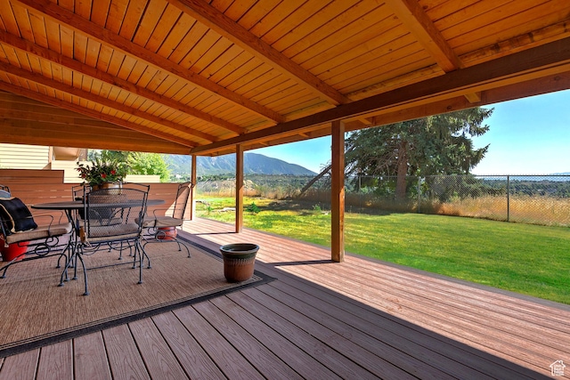 8216 S Scandia Way, Sandy, UT 84093 - wooden terrace with a fenced backyard, a mountain view, and outdoor dining space