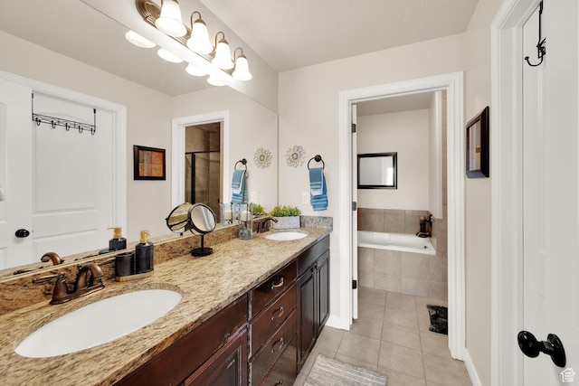3951 W Sage Blossom Way S, Jordan, UT 84009 - bathroom featuring tile patterned flooring, double vanity, a bath, and tiled shower