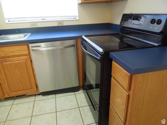 426 N Amber Ln N Unit 426, Castle Valley, UT 84532 - kitchen with stainless steel dishwasher, black range with electric cooktop, dark countertops, and light tile patterned floors