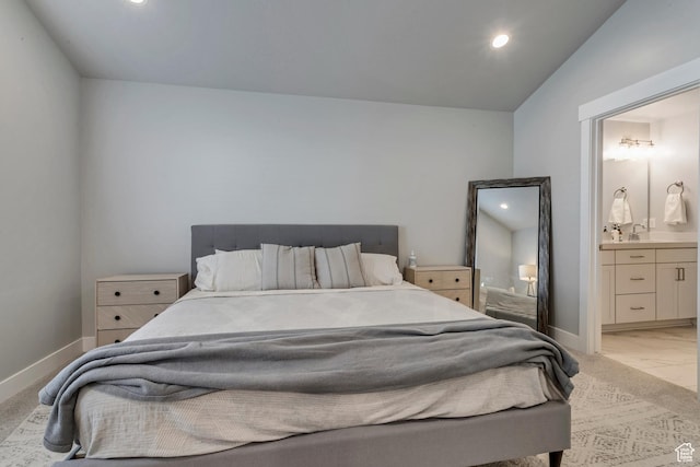9757 N Aaron Ave E Unit 204, Eagle Mountain, UT 84005 - bedroom with recessed lighting, connected bathroom, and vaulted ceiling