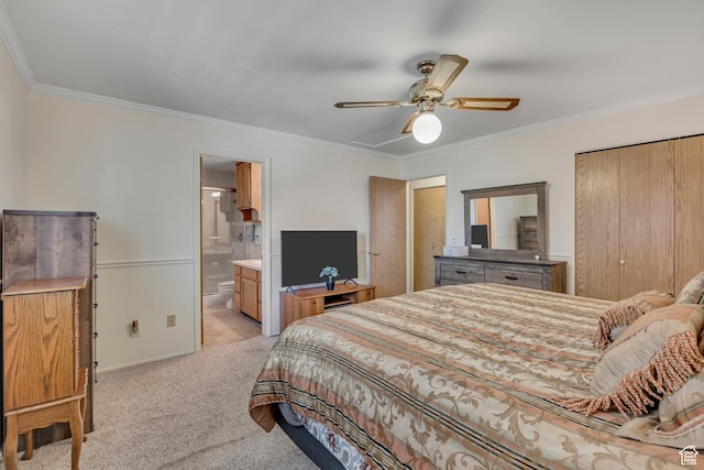7305 S Autumn Meadow Cir W, West Jordan, UT 84084 - bedroom with light colored carpet, crown molding, ceiling fan, and ensuite bath