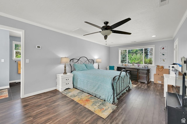 3139 N Pelican Dr, Farr West, UT 84404 - bedroom featuring multiple windows, dark wood finished floors, crown molding, ceiling fan, and a textured ceiling