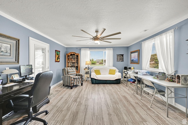 3139 N Pelican Dr, Farr West, UT 84404 - office space with wood finished floors, ornamental molding, a ceiling fan, and a textured ceiling