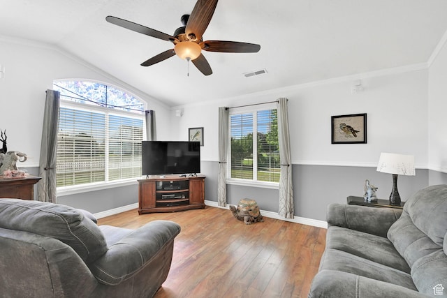 3139 N Pelican Dr, Farr West, UT 84404 - living area featuring ceiling fan, light wood-style flooring, vaulted ceiling, and ornamental molding