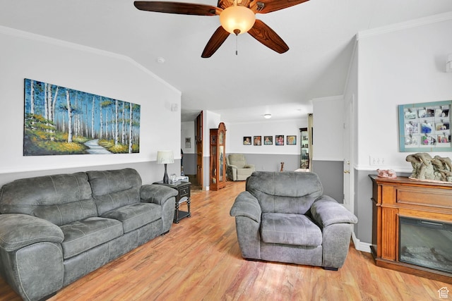 3139 N Pelican Dr, Farr West, UT 84404 - living area with ornamental molding, a ceiling fan, wood finished floors, and lofted ceiling