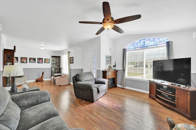 3139 N Pelican Dr, Farr West, UT 84404 - living room with ceiling fan, lofted ceiling, and light wood-type flooring