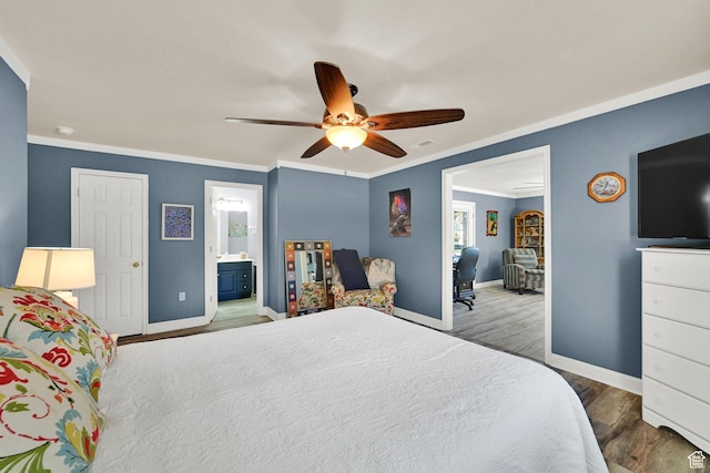 3139 N Pelican Dr, Farr West, UT 84404 - bedroom featuring wood finished floors, crown molding, a ceiling fan, and connected bathroom