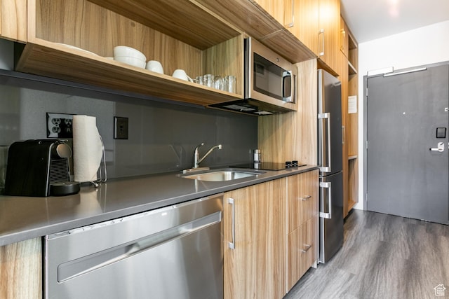 2670 Canyons Resort Dr Unit 214, Park City, UT 84098 - kitchen with appliances with stainless steel finishes, open shelves, modern cabinets, dark wood-type flooring, and dark countertops