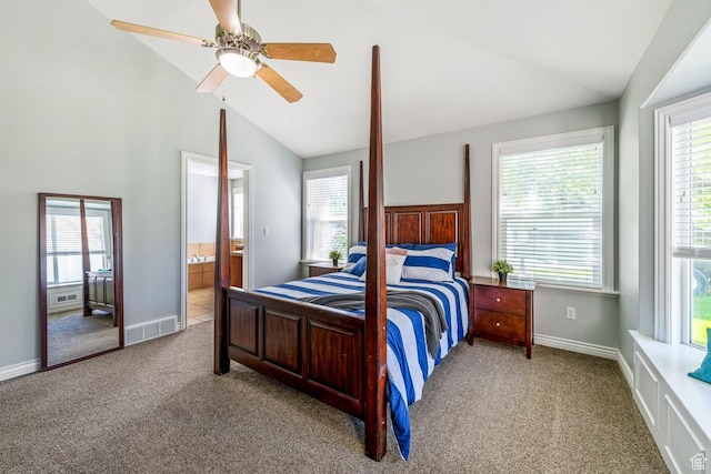 5183 W Heartland Cv, Herriman, UT 84096 - bedroom featuring vaulted ceiling, carpet flooring, multiple windows, ceiling fan, and ensuite bath