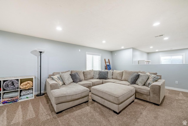 5183 W Heartland Cv, Herriman, UT 84096 - living room with light carpet, recessed lighting, and plenty of natural light