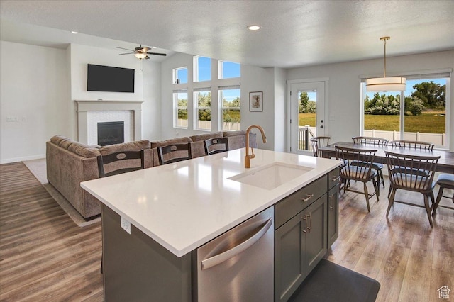 2106 W 2000 N, Farr West, UT 84404 - kitchen with stainless steel dishwasher, ceiling fan, open floor plan, light wood-style flooring, and a tile fireplace