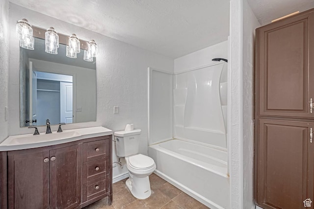 6563 S Days End Ct, West Jordan, UT 84081 - bathroom featuring a textured wall, vanity, shower / washtub combination, a textured ceiling, and tile patterned flooring