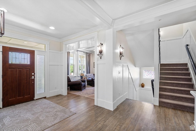 1046 W 1100 N, Pleasant Grove, UT 84062 - foyer featuring a decorative wall, wood finished floors, stairway, and ornamental molding