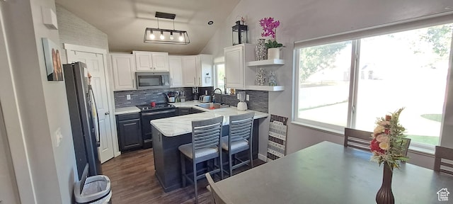 5256 S 3400 W, Roy, UT 84067 - kitchen featuring stainless steel appliances, open shelves, healthy amount of natural light, and vaulted ceiling