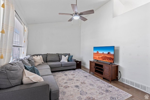 2144 E Easter Dr, Eagle Mountain, UT 84005 - living area with wood finished floors, ceiling fan, and high vaulted ceiling
