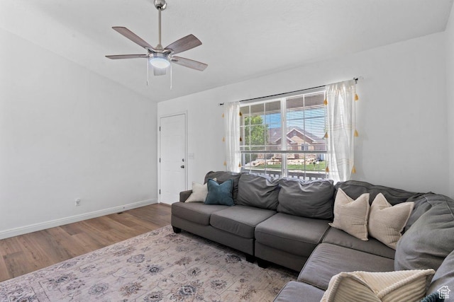 2144 E Easter Dr, Eagle Mountain, UT 84005 - living room with wood finished floors, ceiling fan, and vaulted ceiling