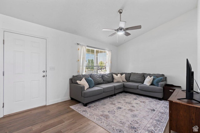 2144 E Easter Dr, Eagle Mountain, UT 84005 - living area featuring wood finished floors, ceiling fan, and lofted ceiling