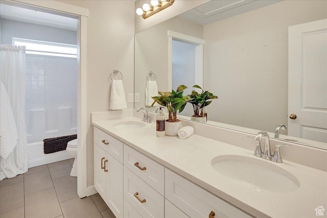 12232 S Sigmon Ln, Herriman, UT 84096 - bathroom featuring double vanity, tile patterned flooring, and shower / bath combination with curtain