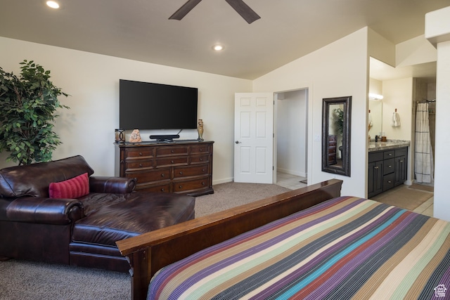 3686 S Spanish Valley Dr Unit Y1, Moab, UT 84532 - bedroom with connected bathroom, light colored carpet, recessed lighting, a ceiling fan, and vaulted ceiling