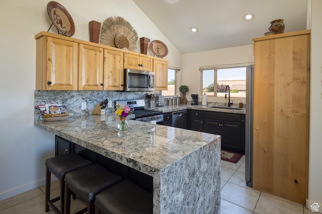 3686 S Spanish Valley Dr Unit Y1, Moab, UT 84532 - kitchen with stainless steel appliances, a peninsula, light tile patterned flooring, a breakfast bar area, and light stone countertops