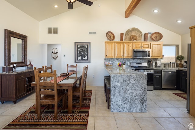 3686 S Spanish Valley Dr Unit Y1, Moab, UT 84532 - kitchen with appliances with stainless steel finishes, high vaulted ceiling, ceiling fan, a peninsula, and light tile patterned floors