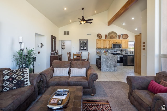 3686 S Spanish Valley Dr Unit Y1, Moab, UT 84532 - living area featuring a ceiling fan, recessed lighting, high vaulted ceiling, beam ceiling, and light tile patterned floors