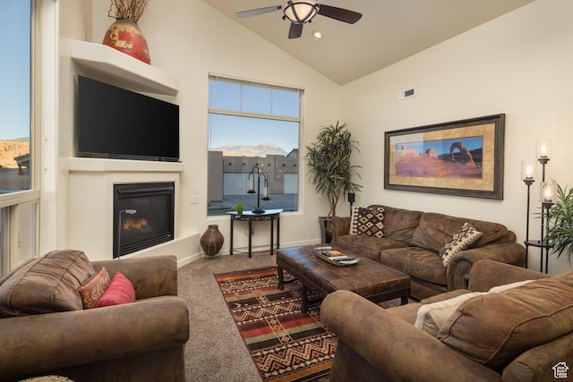 3686 S Spanish Valley Dr Unit Y1, Moab, UT 84532 - living room featuring ceiling fan, carpet, a glass covered fireplace, recessed lighting, and high vaulted ceiling
