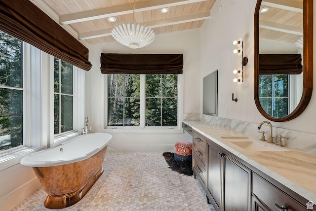 2475 W White Pine Ln Unit 11, Park City, UT 84060 - full bathroom with vanity, a soaking tub, wood ceiling, and a chandelier