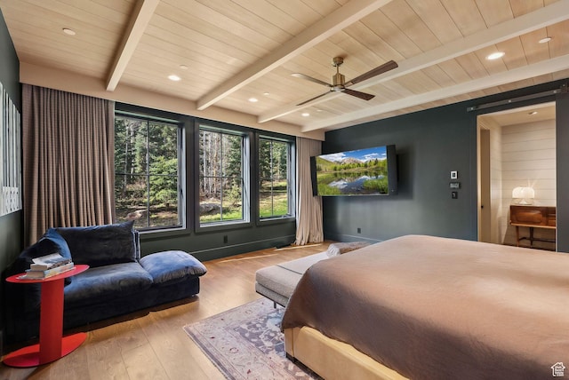 2475 W White Pine Ln Unit 11, Park City, UT 84060 - bedroom featuring wood finished floors, recessed lighting, a wood ceiling with exposed beams, and ceiling fan