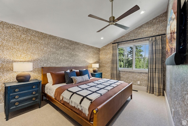 2475 W White Pine Ln Unit 11, Park City, UT 84060 - bedroom featuring lofted ceiling, wallpapered walls, carpet floors, recessed lighting, and ceiling fan