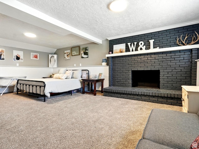 2802 W 4875 S, Roy, UT 84067 - bedroom with carpet flooring, a brick fireplace, a wainscoted wall, and a textured ceiling
